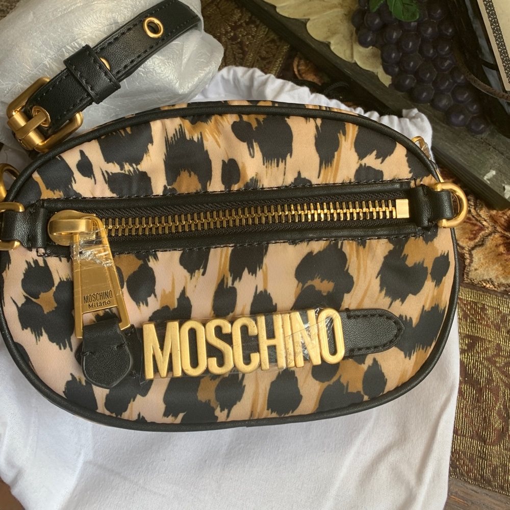 Authentic MOSCHINO Learher/canvas zip top cheetah print Crossbody